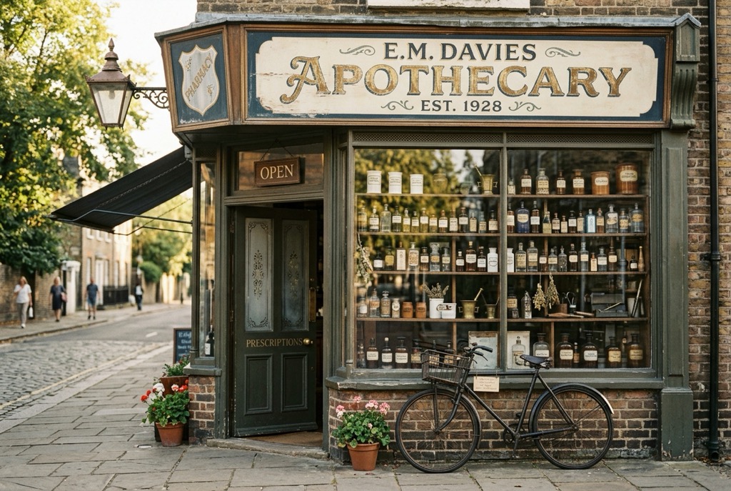 A vintage neighborhood pharmacy storefront